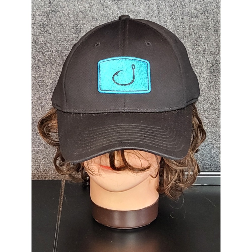 AVID Sportswear Fishing Hat Black Blue Hook Logo Flexfit Cap Size S/M